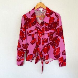 SOFIA VERGARA Women's Size XL Tropical Pink Palm Leaves Button Up Tie Blouse